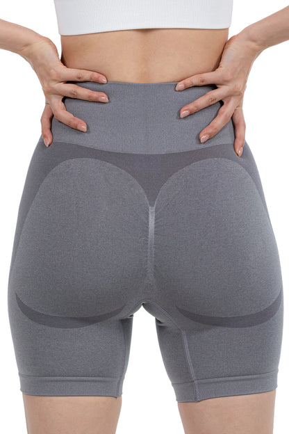 Seamless Ribbed Yoga Shorts in Dark Grey, back view showing the scrunch seam, Ascendia