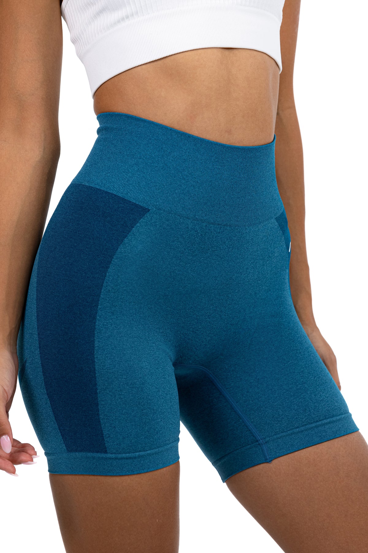 Seamless Ribbed Yoga Shorts in Petrol Blue, side view showing the hip panel, Ascendia