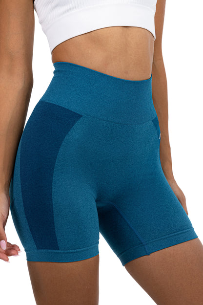 Seamless Ribbed Yoga Shorts in Petrol Blue, side view showing the hip panel, Ascendia