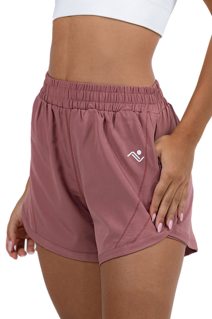 Women's 2-in-1 Running Shorts in Dusty Rose, three-quarter view showing the pocket, Ascendia
