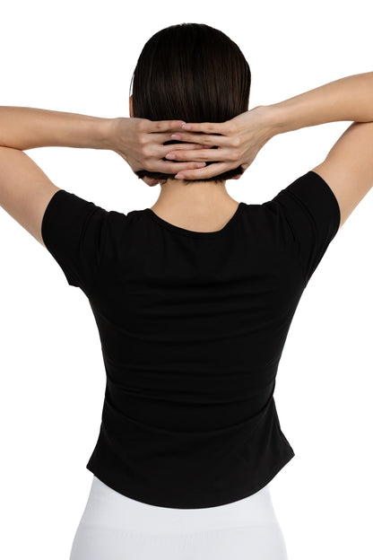 V-Neck Gym T-Shirt in Black, back view on model, Ascendia