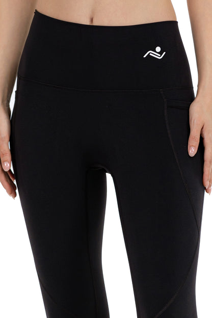 Active Fit Leggings in Black, close view of the high waistband and the side thigh pocket opening, Ascendia
