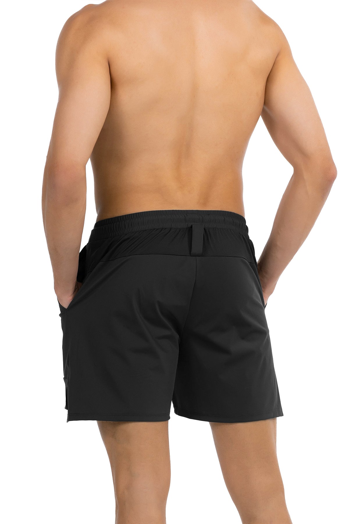 Side Pocket Loose Fit Shorts in Black, back view on model, Ascendia