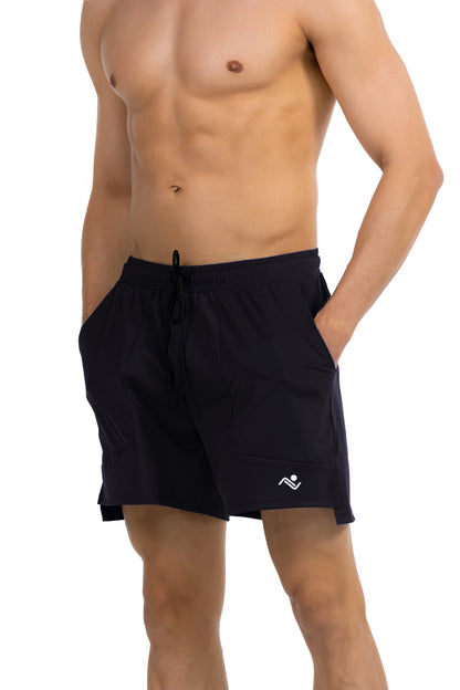 Side Pocket Loose Fit Shorts in Black, side pocket detail, Ascendia