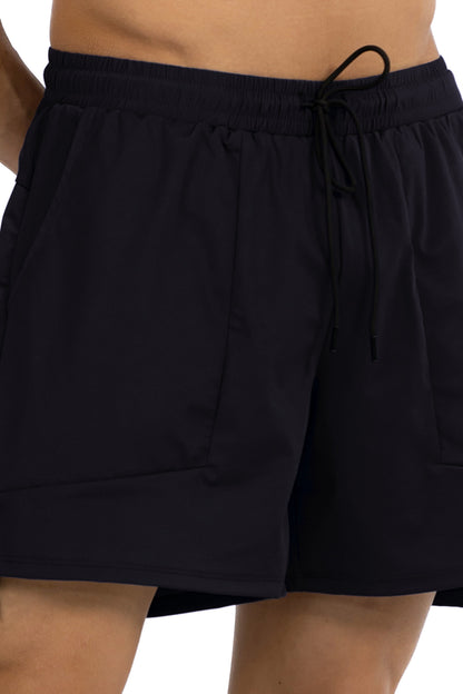 Side Pocket Loose Fit Shorts in Black, waistband and drawcord detail, Ascendia