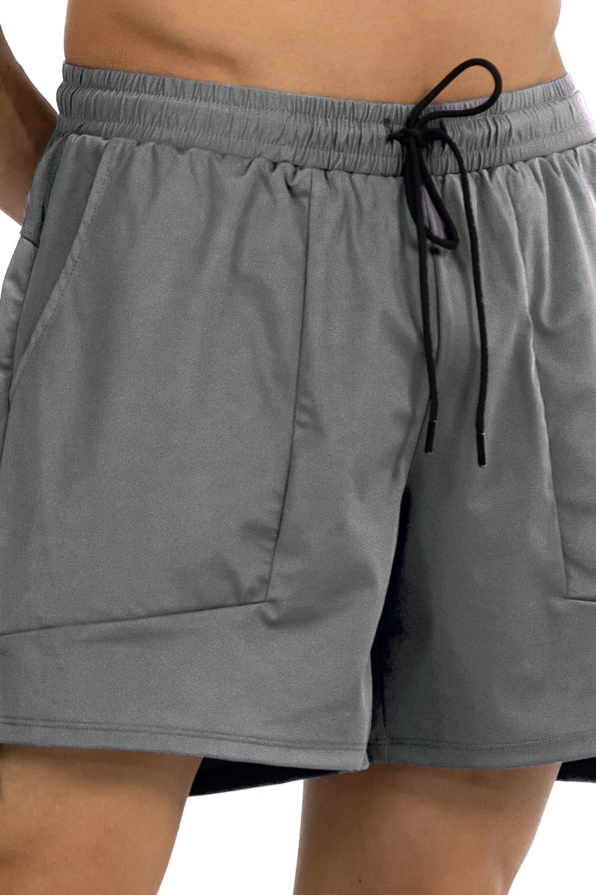 Side Pocket Loose Fit Shorts in Dark Grey, waistband and drawcord detail, Ascendia