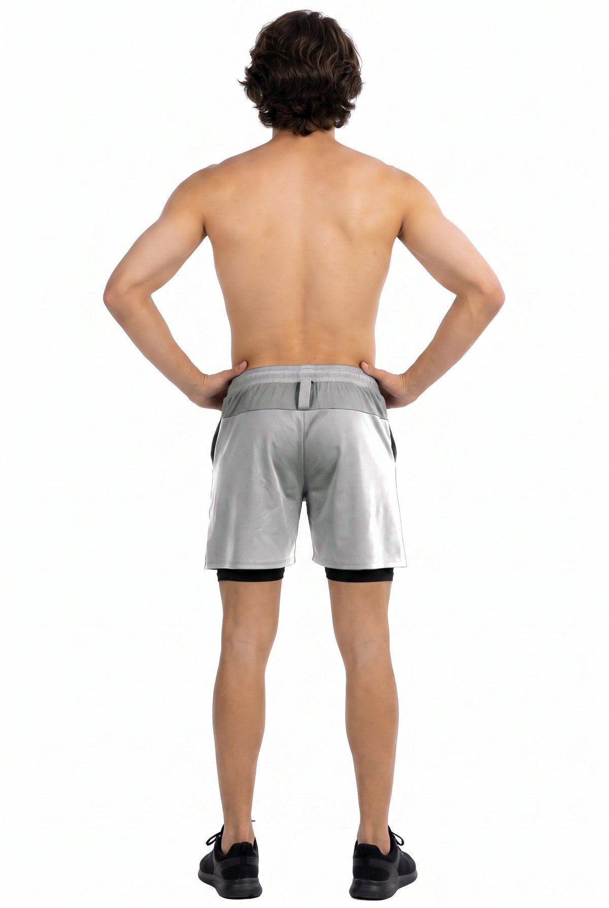 Side Pocket Loose Fit Shorts in Grey, back view on model, Ascendia