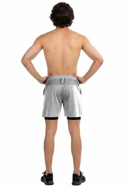 Side Pocket Loose Fit Shorts in Grey, back view on model, Ascendia