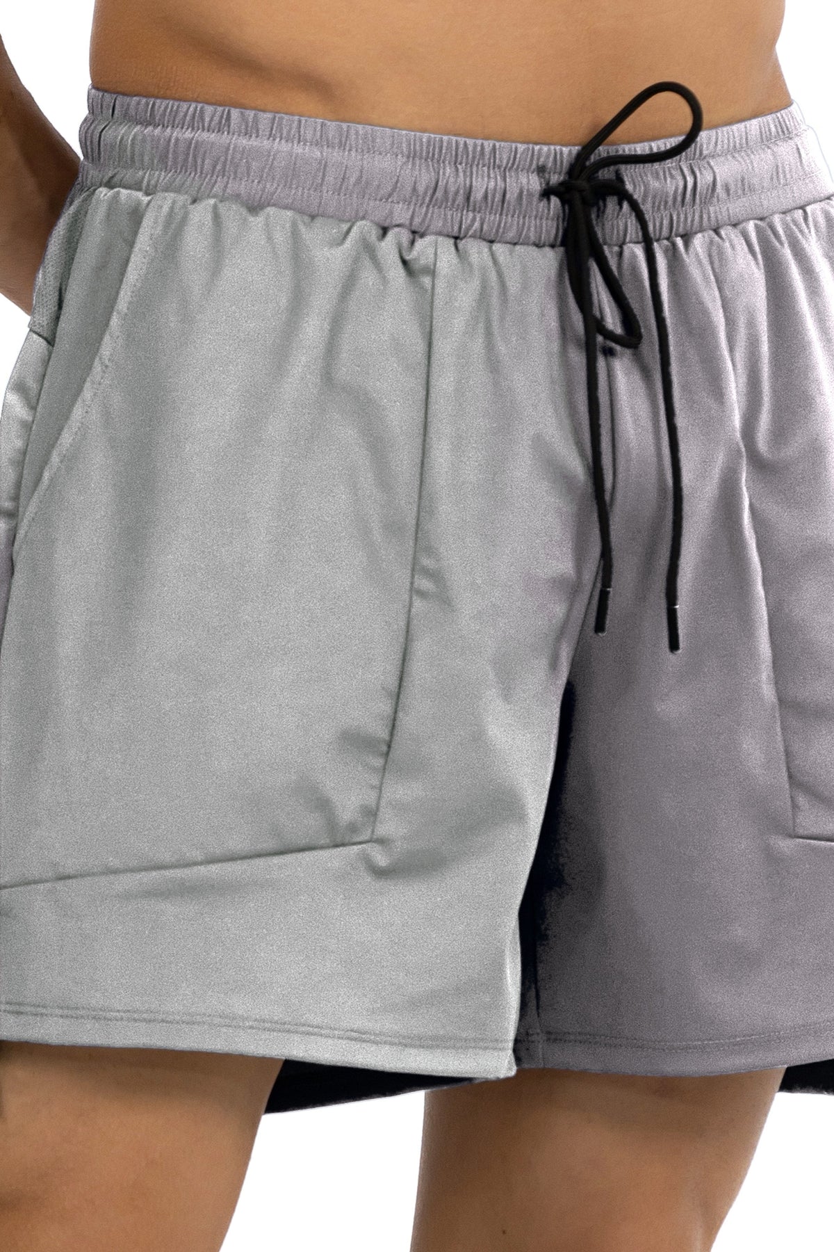 Side Pocket Loose Fit Shorts in Grey, waistband and drawcord detail, Ascendia