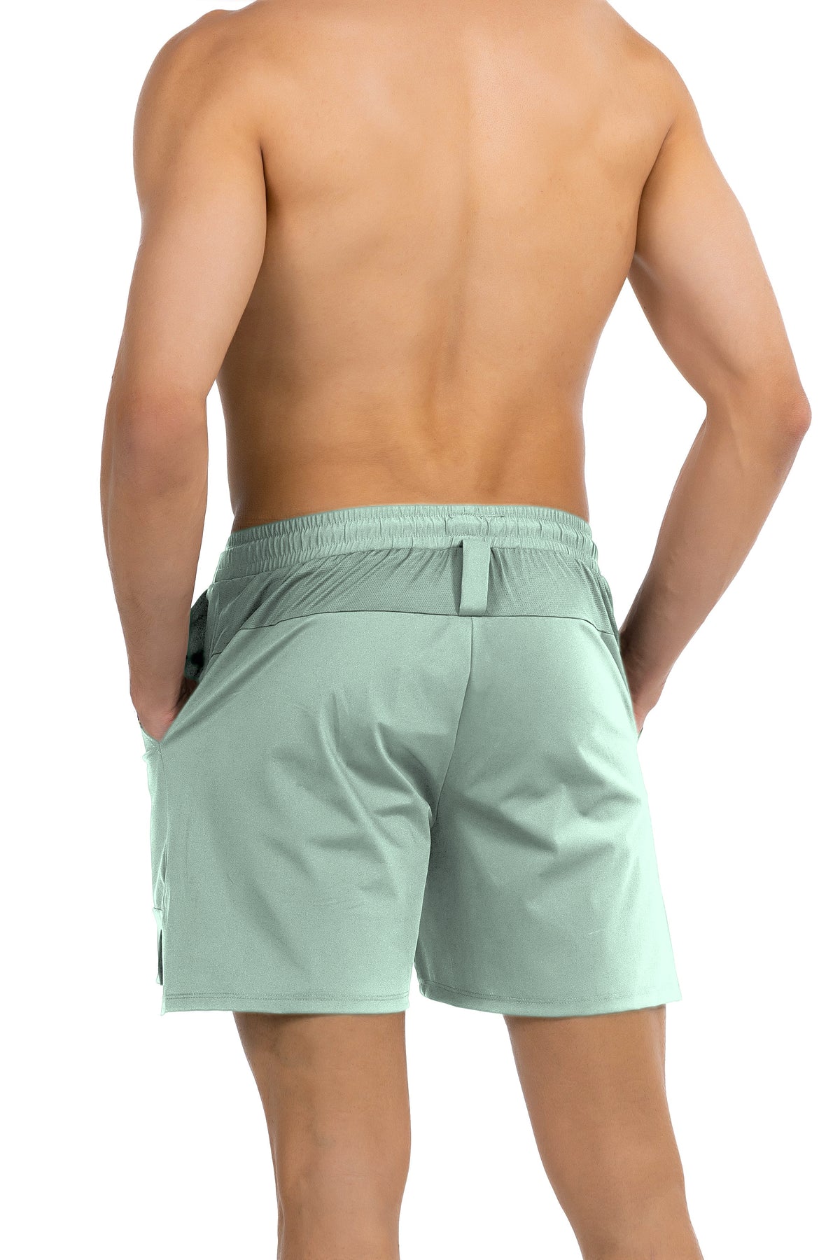 Side Pocket Loose Fit Shorts in Sage, back view on model, Ascendia