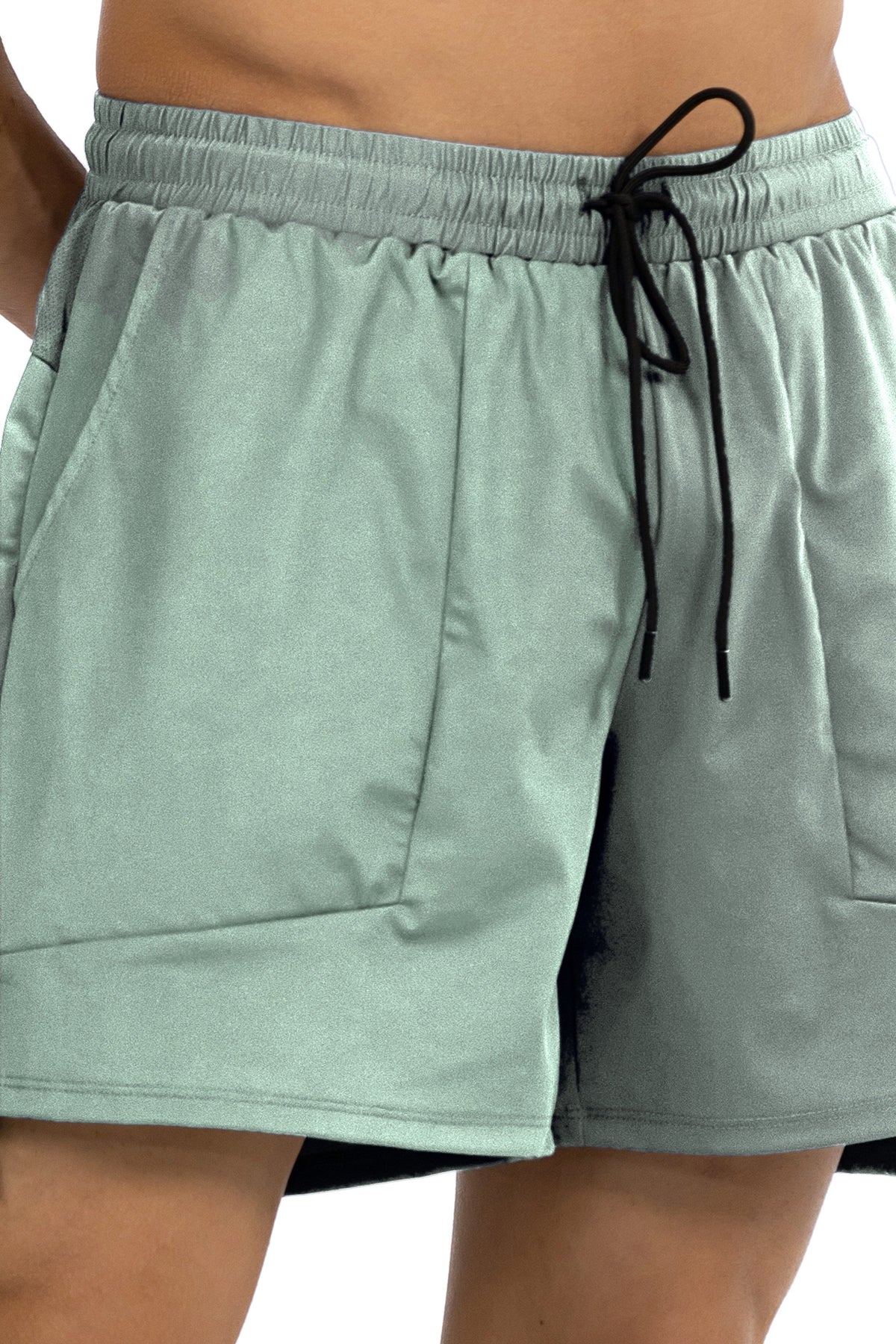 Side Pocket Loose Fit Shorts in Sage, waistband and drawcord detail, Ascendia