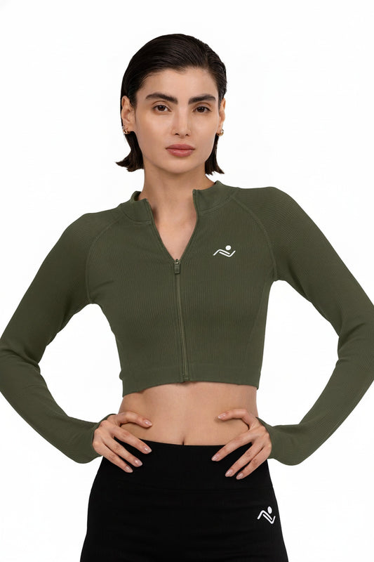 Women's Full-Zip Training Tee in Olive, front view on model, Ascendia