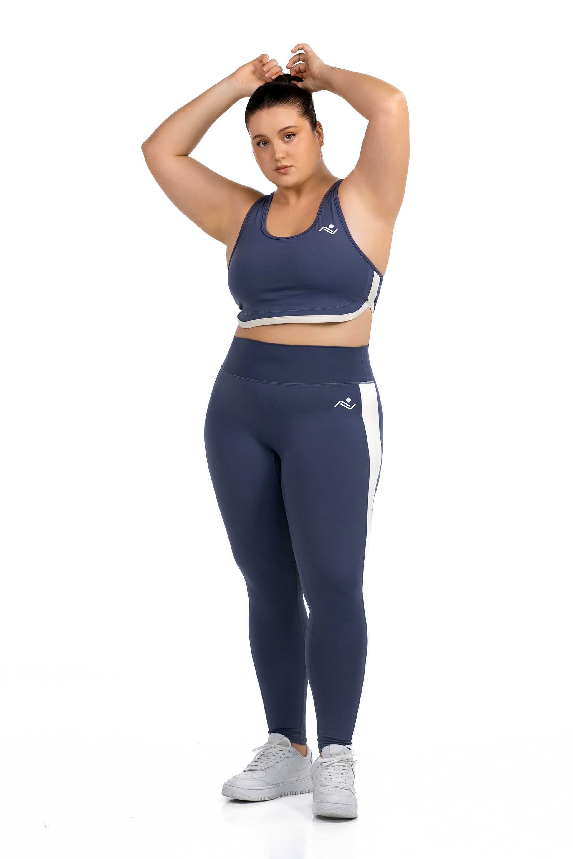 FitFusion Plus-Size Workout Set in blue, full-length front view with arms raised, Ascendia
