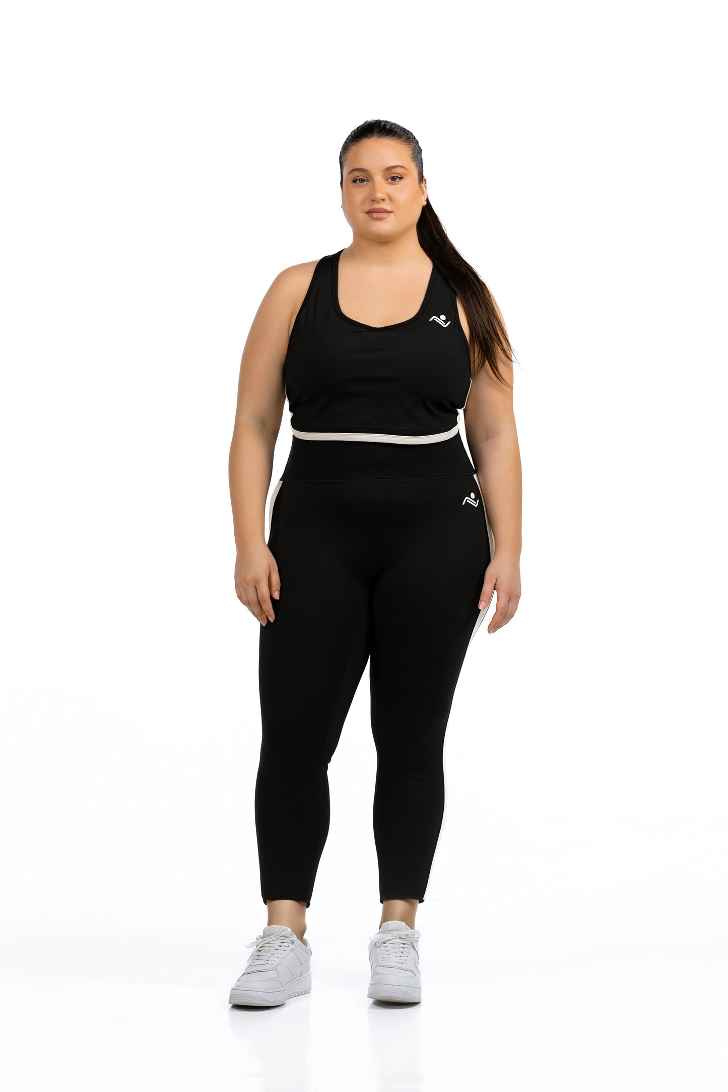 FitFusion Plus-Size Workout Set in black, full-length front view, Ascendia