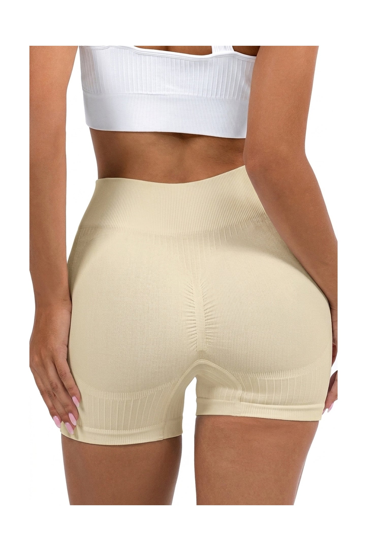 Shape Sculpt Fitness Shorts in Beige, back view showing the ruched seat seam, Ascendia