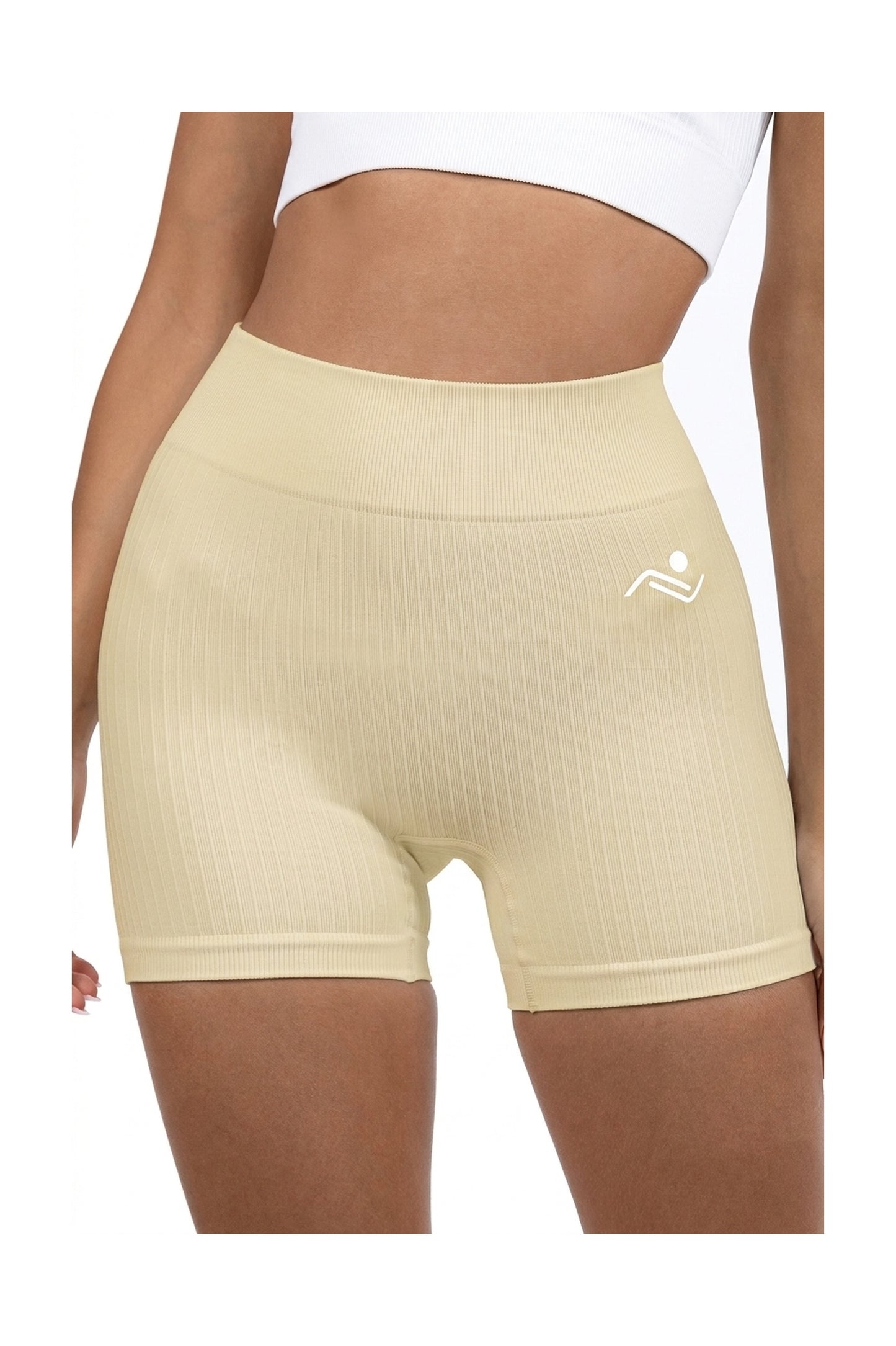 Shape Sculpt Fitness Shorts in Beige, front view showing the ribbed waistband and hip logo, Ascendia