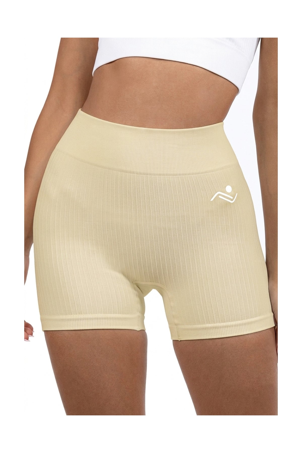 Shape Sculpt Fitness Shorts in Beige, front view showing the ribbed waistband and hip logo, Ascendia
