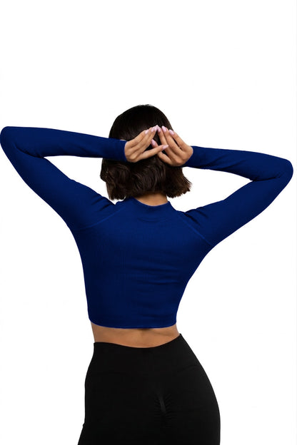 Seamless V-Cut Training Top in Navy, back view, Ascendia