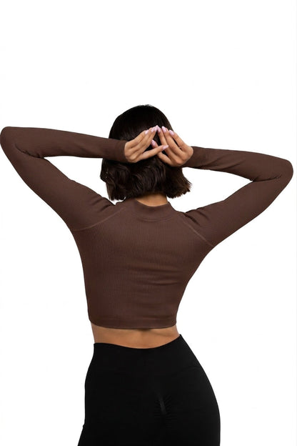 Seamless V-Cut Training Top in brown, back view, Ascendia