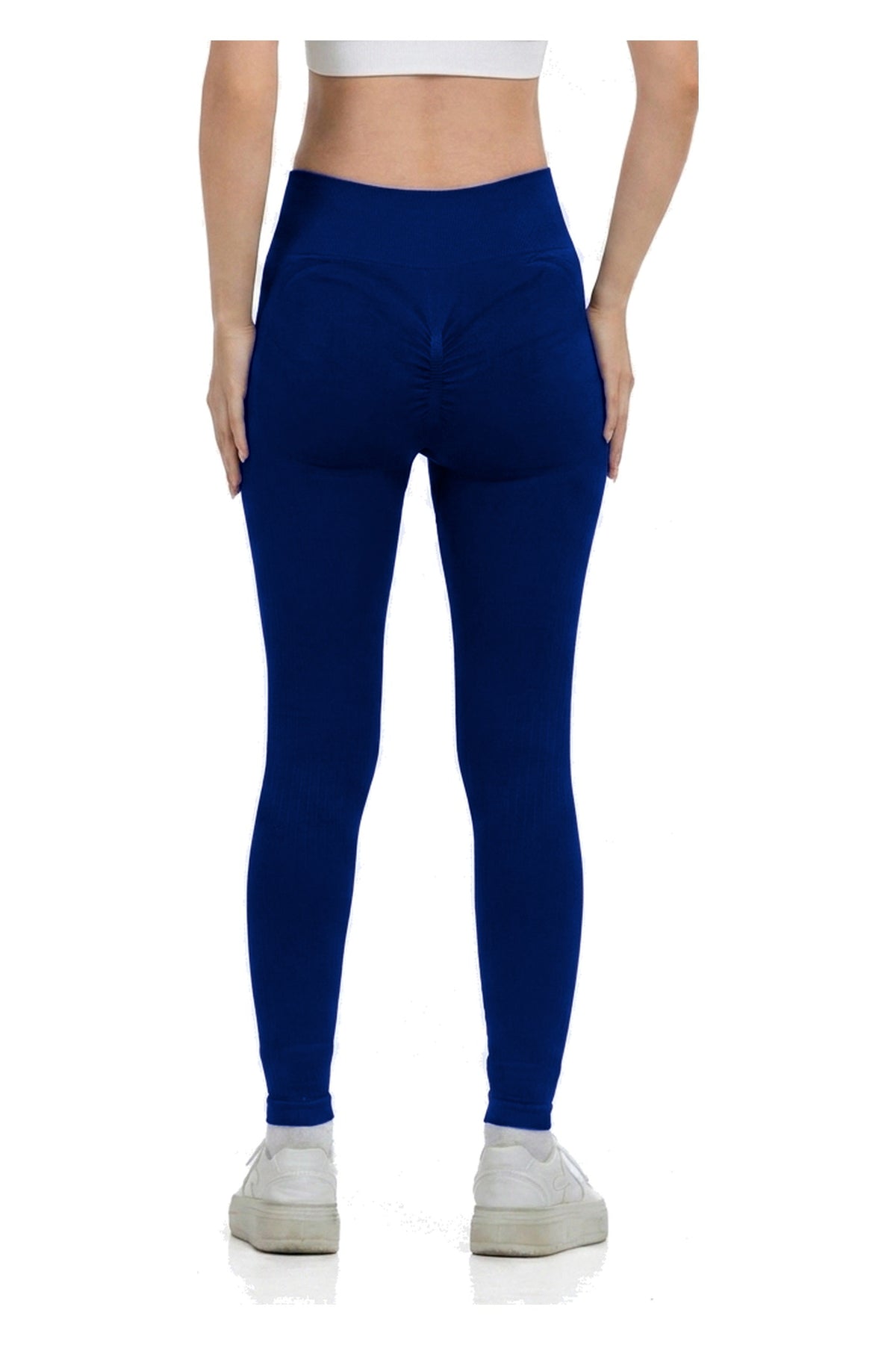 Seamless Lines Leggings in Teal, back view showing the scrunch seat seam and ribbed waistband, Ascendia