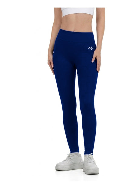 Seamless Lines Leggings in Teal, full-length front view on model, Ascendia