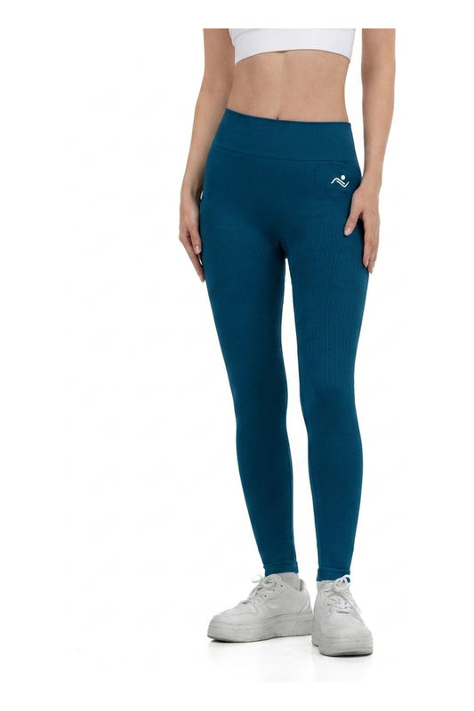 Seamless Lines Leggings in Teal, full-length front view on model, Ascendia