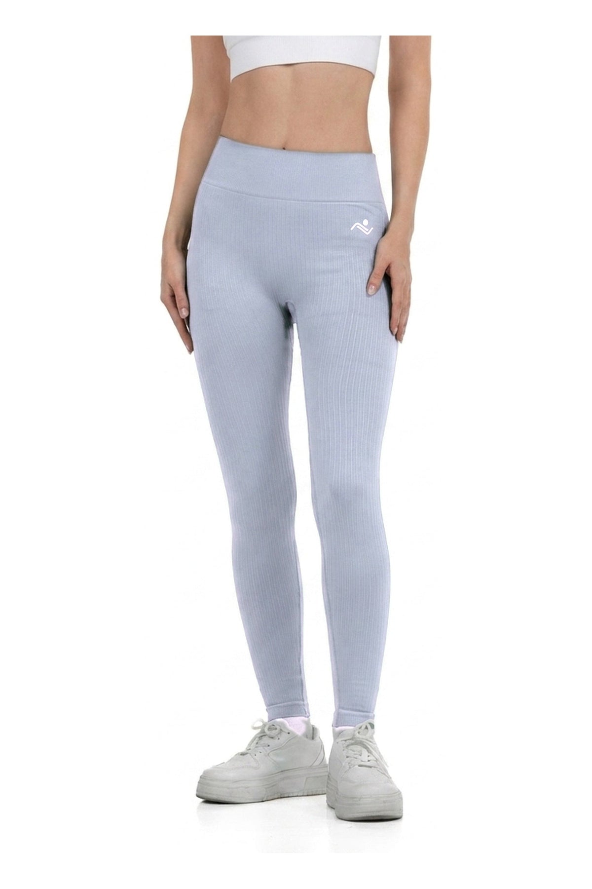 Seamless Lines Leggings in Sage Grey, full-length front view on model, Ascendia