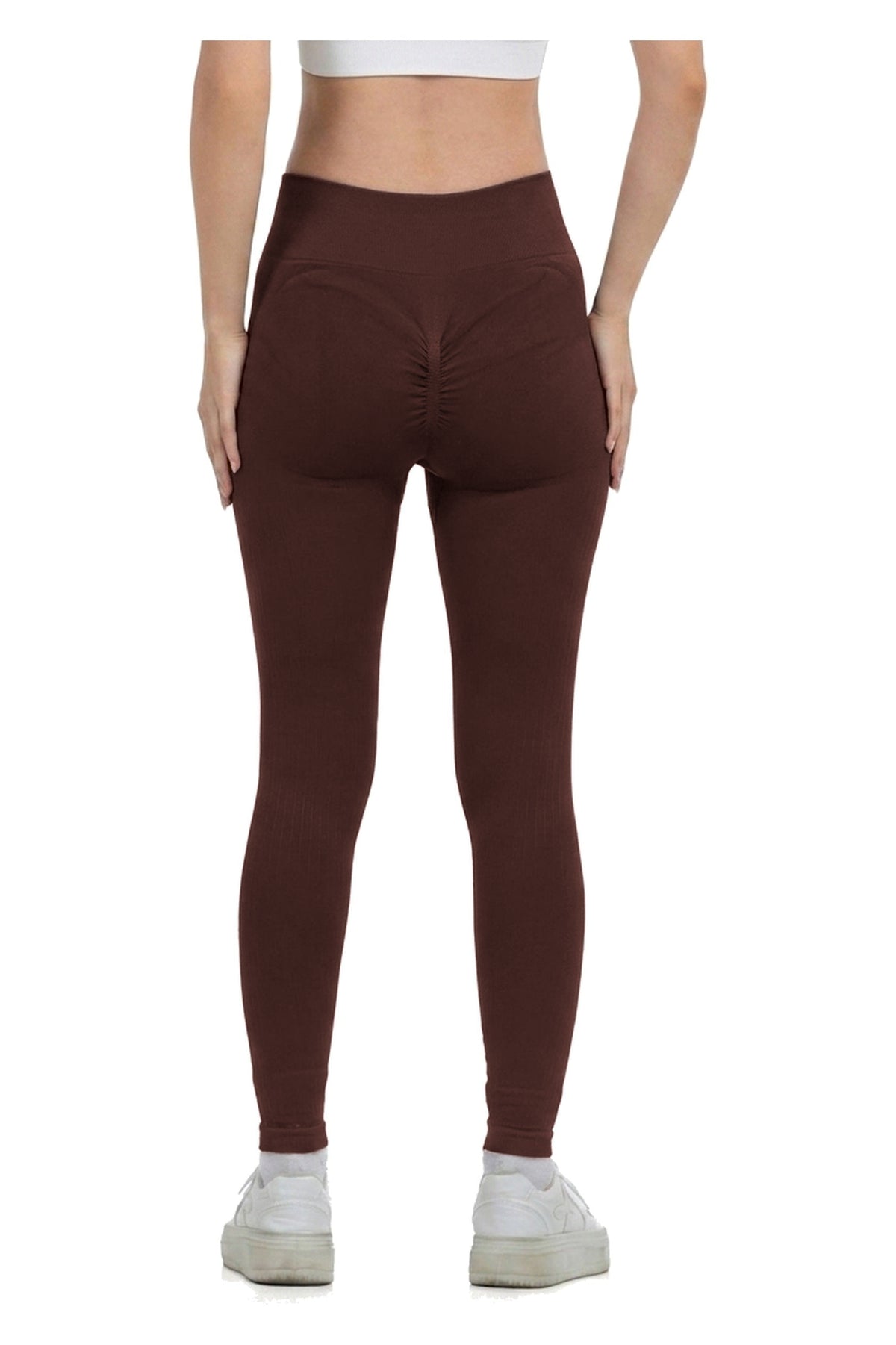Seamless Lines Leggings in Purple, back view showing the scrunch seat seam and ribbed waistband, Ascendia