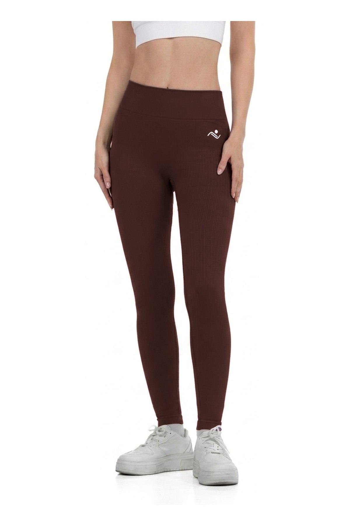 Seamless Lines Leggings in Purple, full-length front view on model, Ascendia