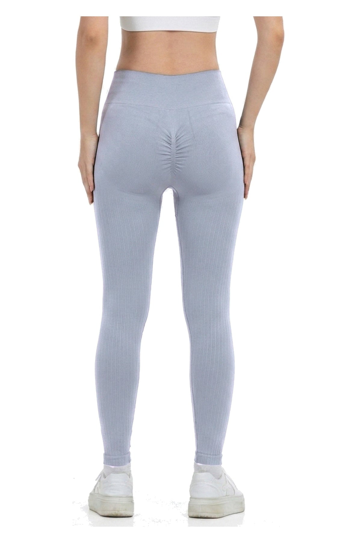 Seamless Lines Leggings in Sage Grey, back view showing the scrunch seat seam and ribbed waistband, Ascendia