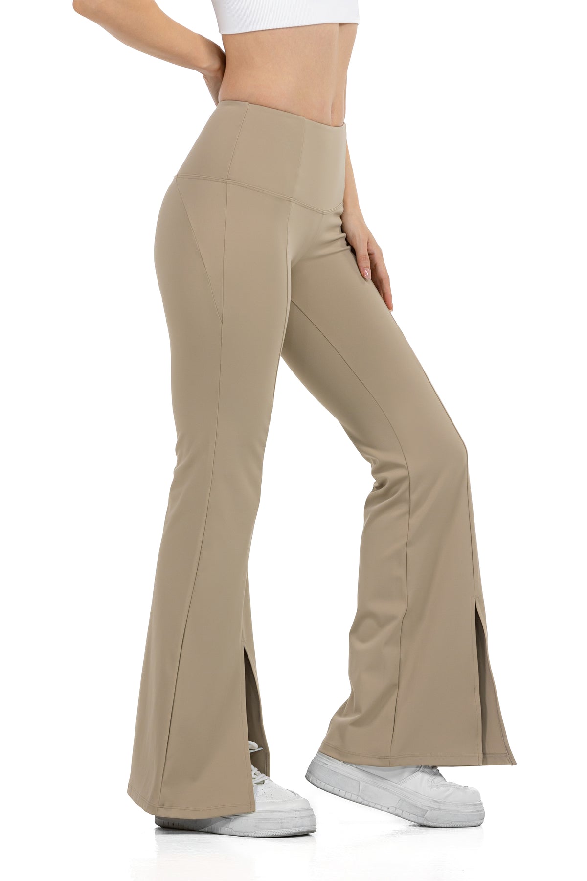 High Waist Wide Leg Pants in Taupe, three-quarter view showing the flared hem split, Ascendia