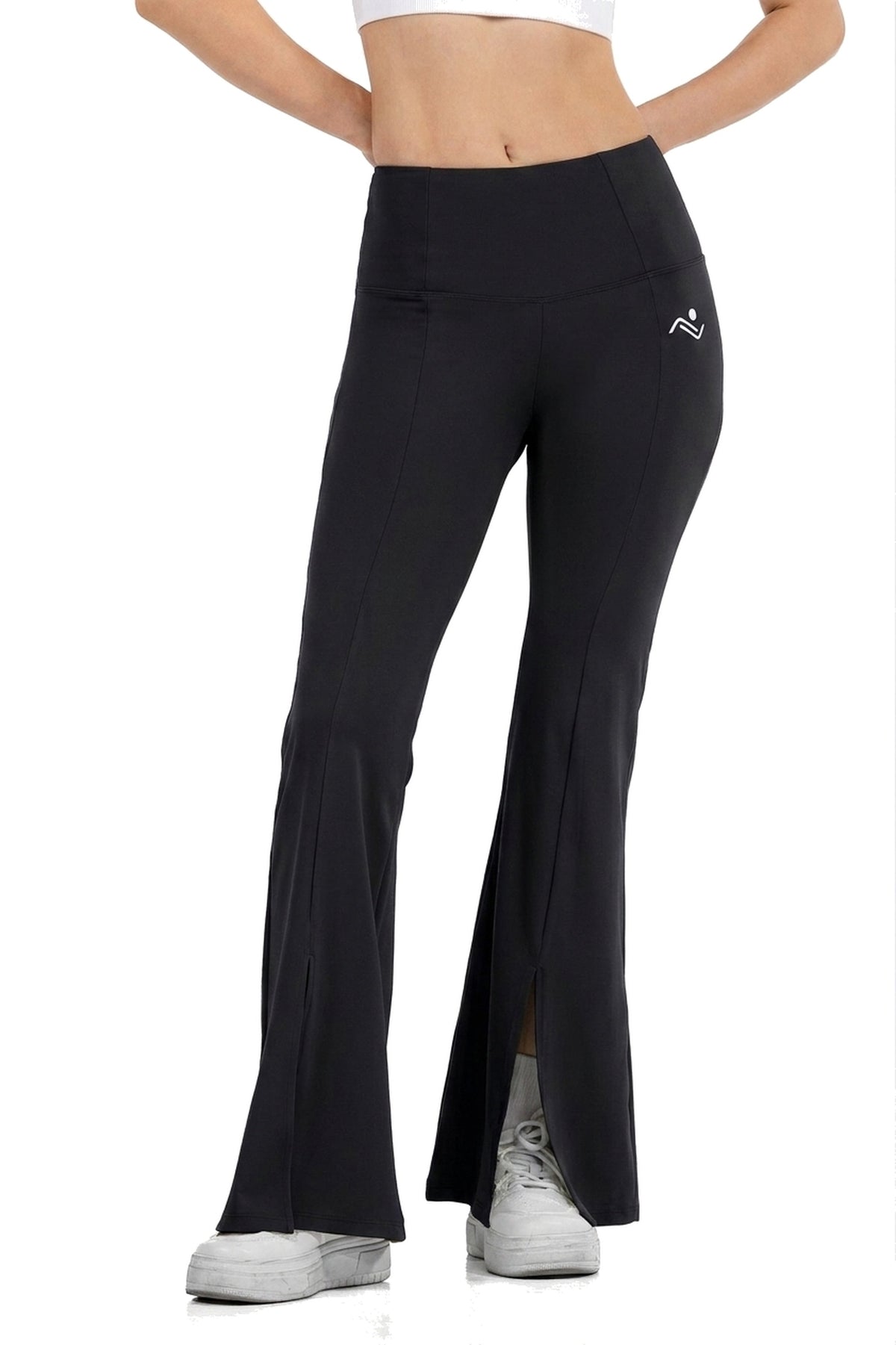 High Waist Wide Leg Pants in Black, front view showing the split hem, Ascendia