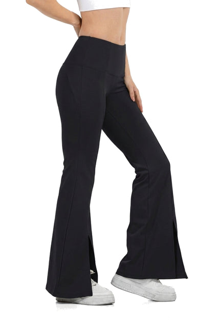 High Waist Wide Leg Pants in Black, three-quarter view showing the flared hem split, Ascendia