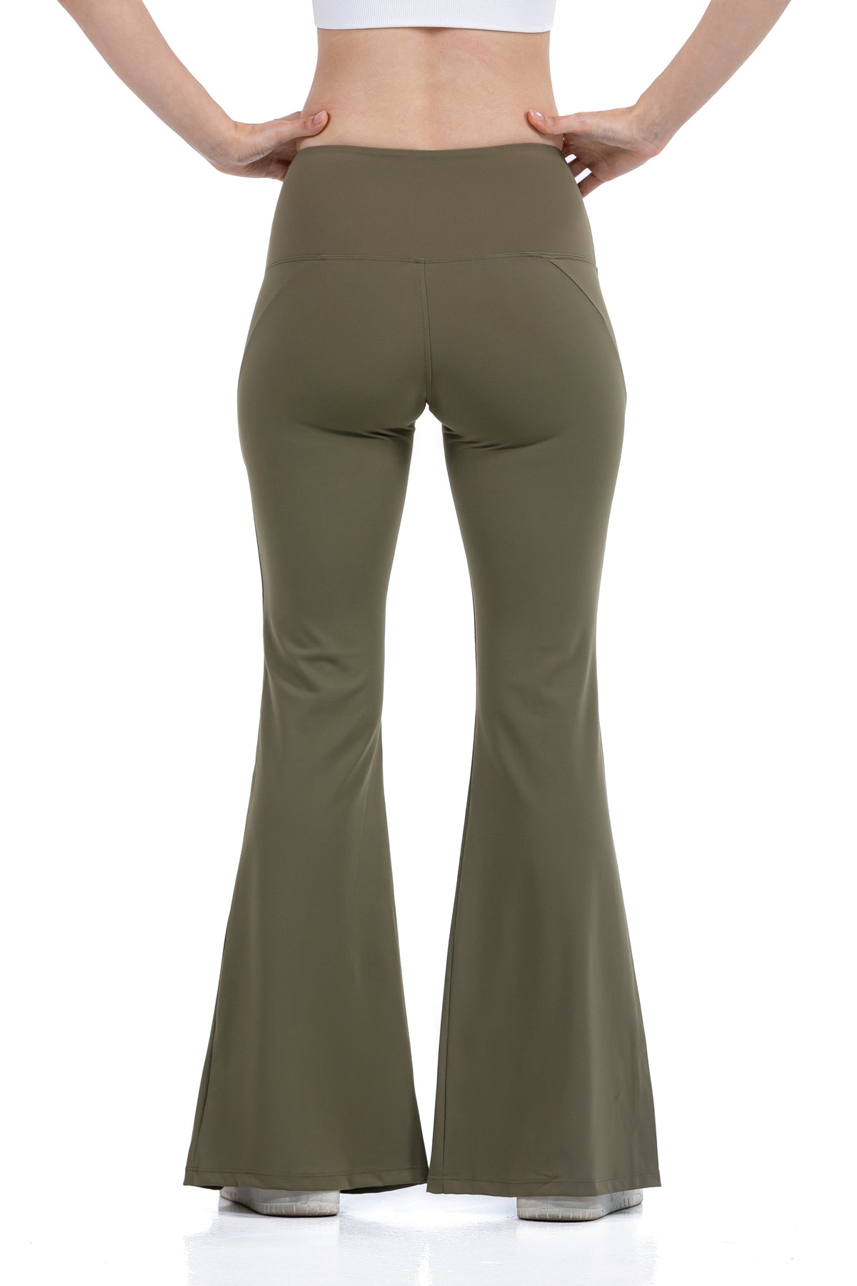 High Waist Wide Leg Pants in Olive, back view on model, Ascendia
