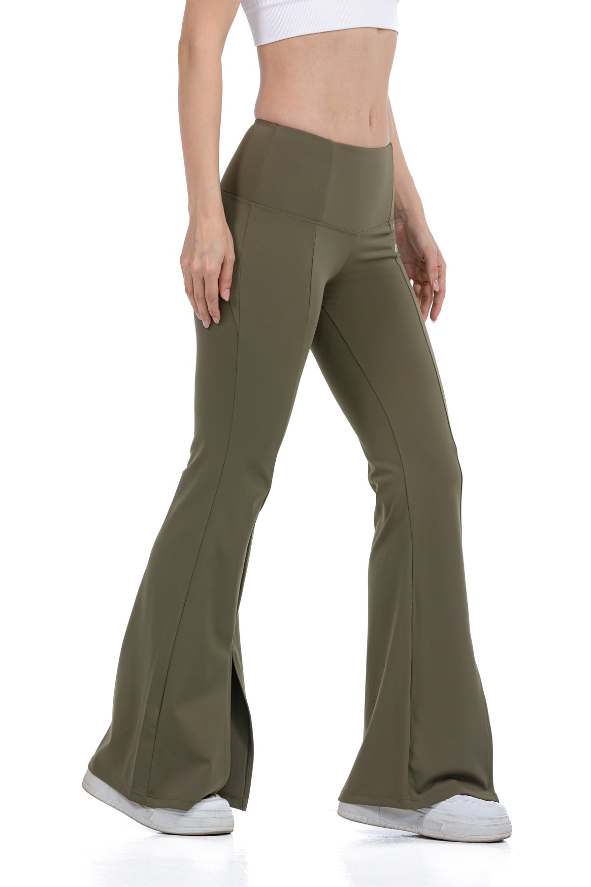 High Waist Wide Leg Pants in Olive, three-quarter view on model, Ascendia