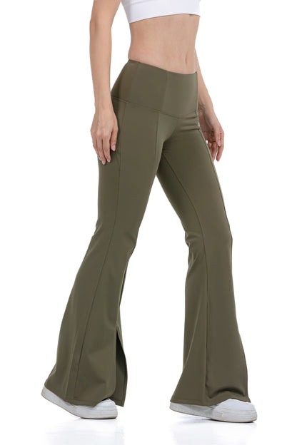 High Waist Wide Leg Pants in Olive, three-quarter view on model, Ascendia