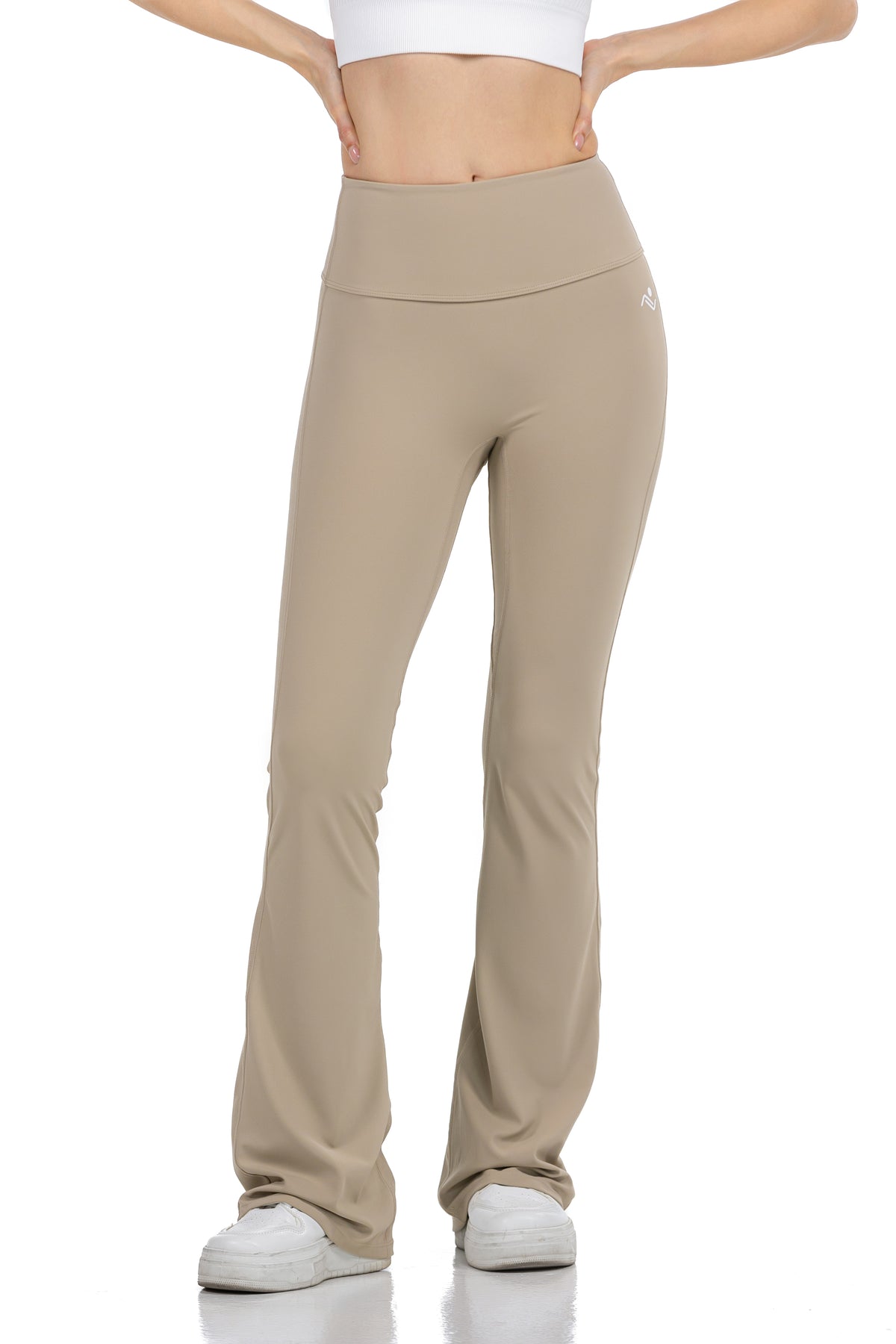 Flare Fit Yoga Pants in Taupe, front view showing the high waistband, Ascendia