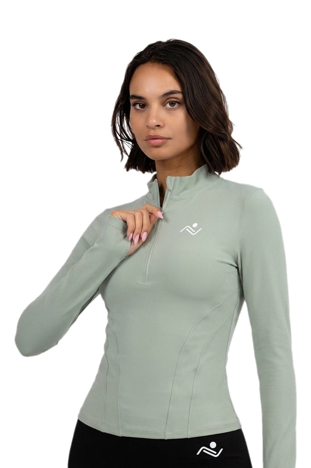 Semi-Zip Windproof Fitness Top in Sage, model opening the half zip, Ascendia