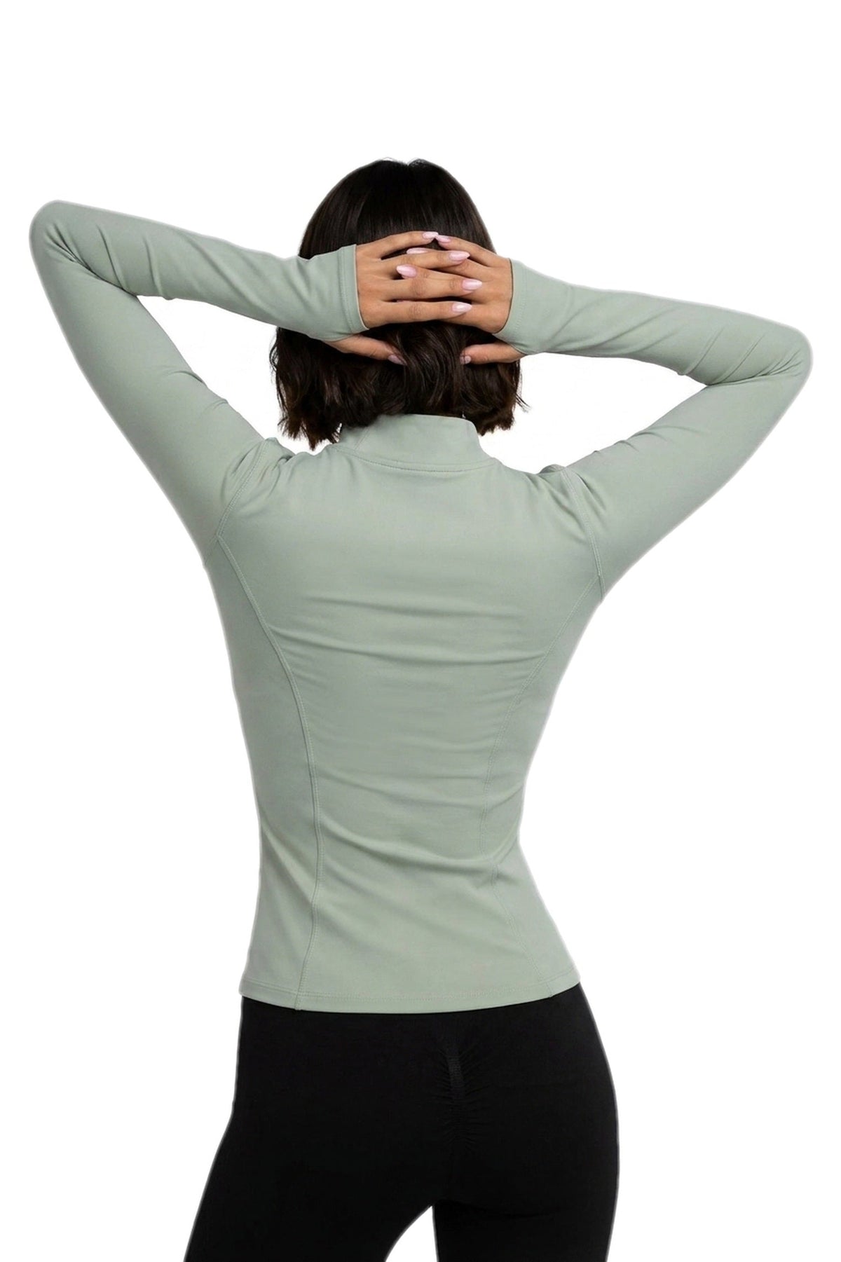Semi-Zip Windproof Fitness Top in Sage, back view showing the curved seams, Ascendia