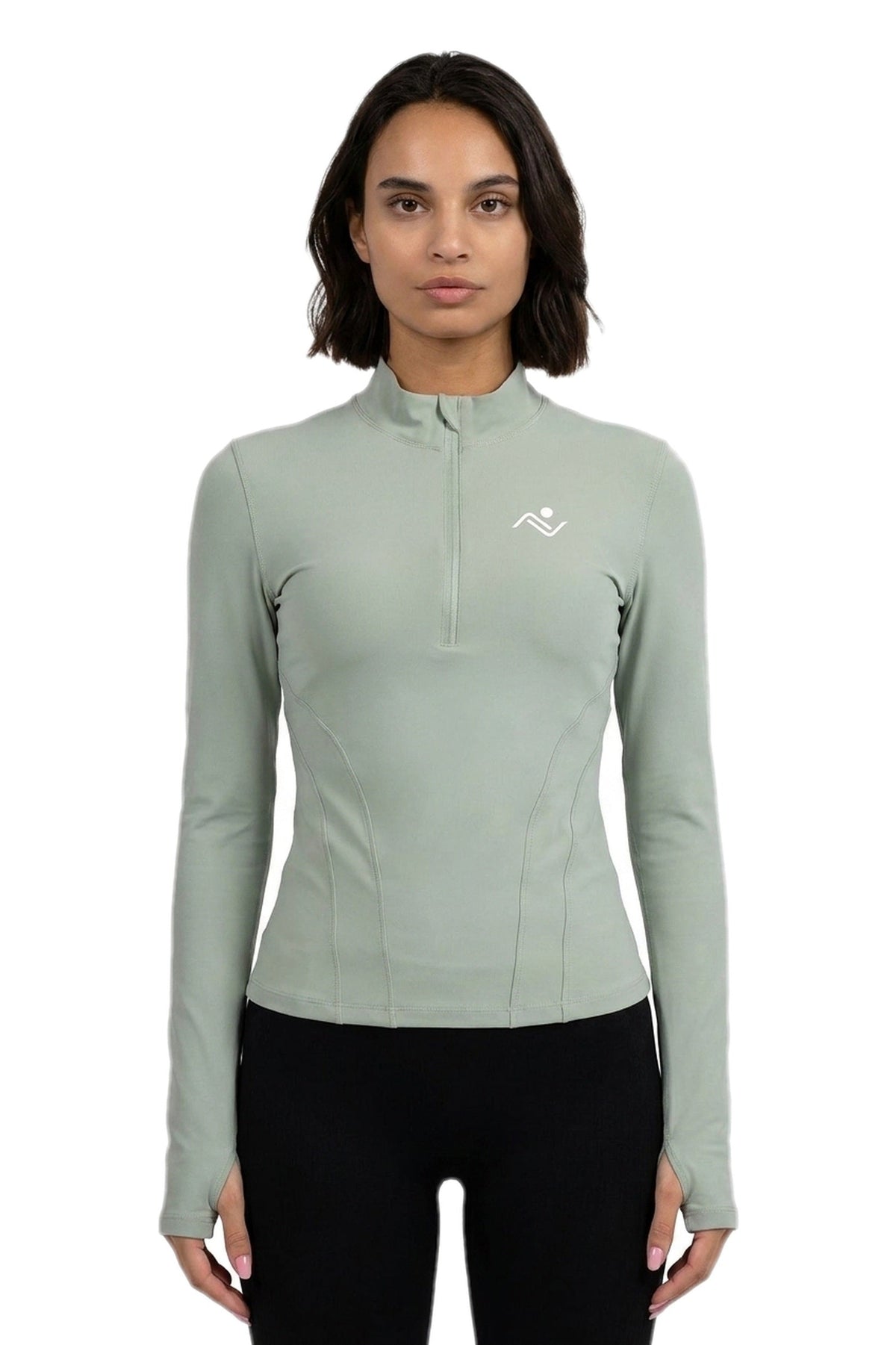 Semi-Zip Windproof Fitness Top in Sage, full-length front view on model, Ascendia