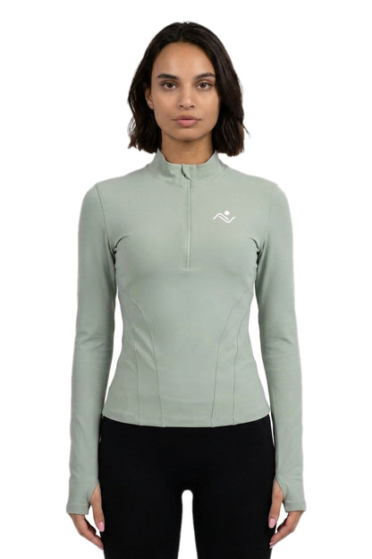 Semi-Zip Windproof Fitness Top in Sage, full-length front view on model, Ascendia