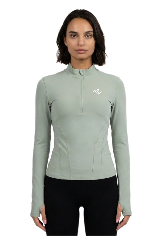 Semi-Zip Windproof Fitness Top in Sage, full-length front view on model, Ascendia