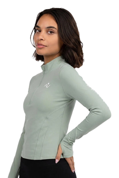 Semi-Zip Windproof Fitness Top in Sage, side view showing the seam and sleeve, Ascendia