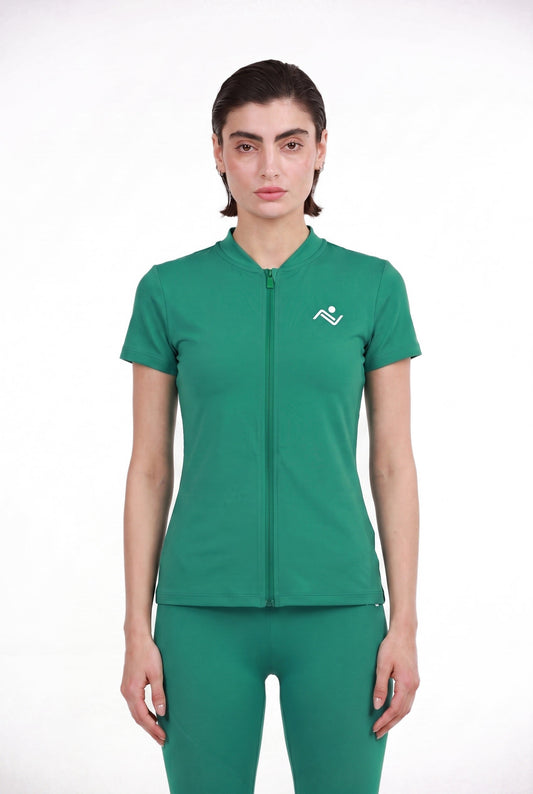 Women's Full-Zip Training Tee in Emerald, full-length front view on model, Ascendia