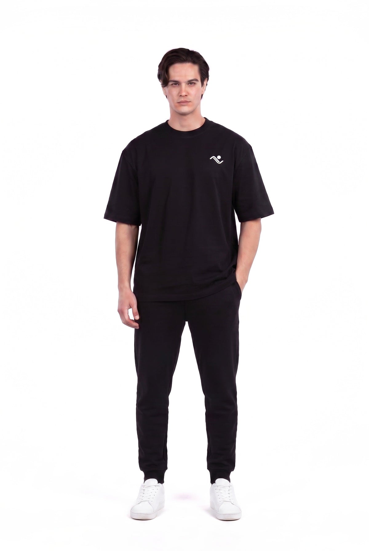 Heavyweight Oversized T-Shirt in Black, front view on male model, Ascendia