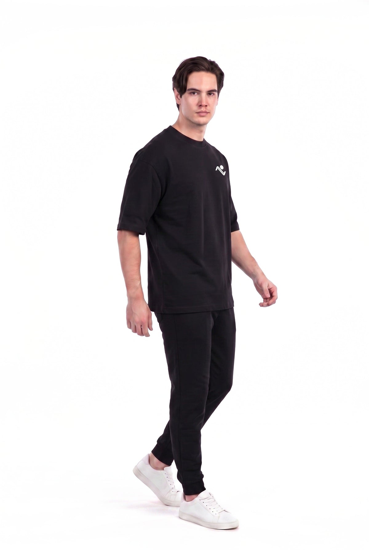 Heavyweight Oversized T-Shirt in Black, three-quarter view on male model, Ascendia
