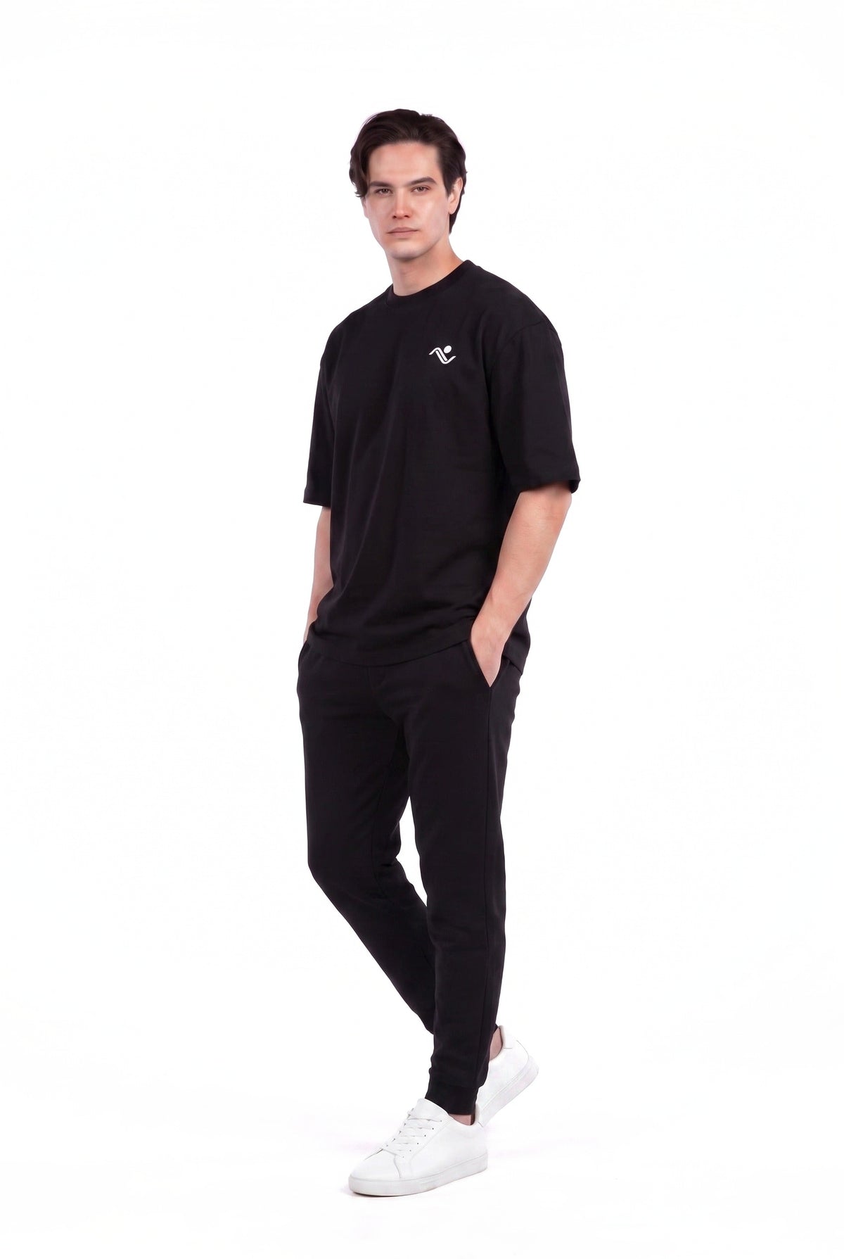 Heavyweight Oversized T-Shirt in Black, side view on male model, Ascendia