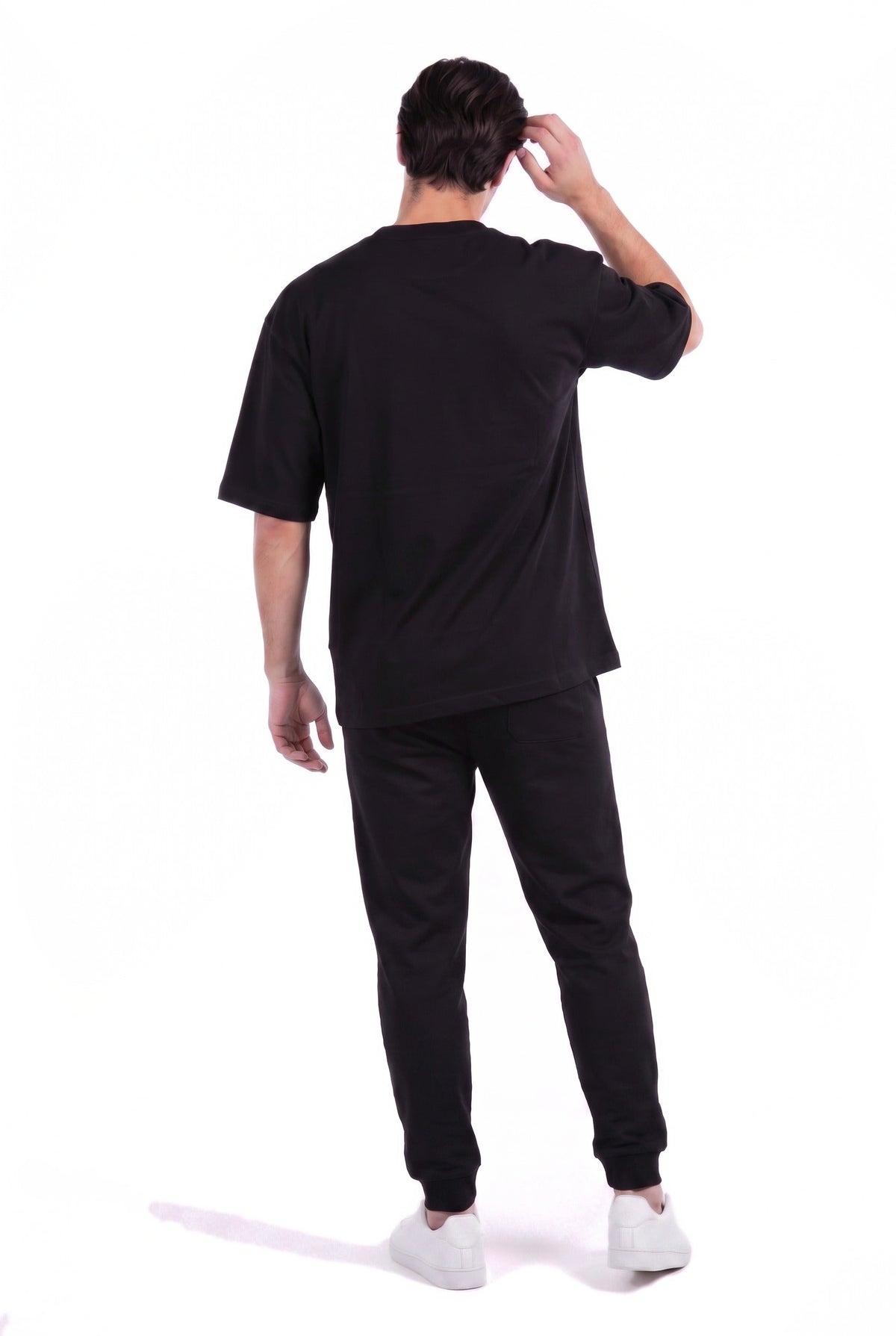 Heavyweight Oversized T-Shirt in Black, back view on male model, Ascendia