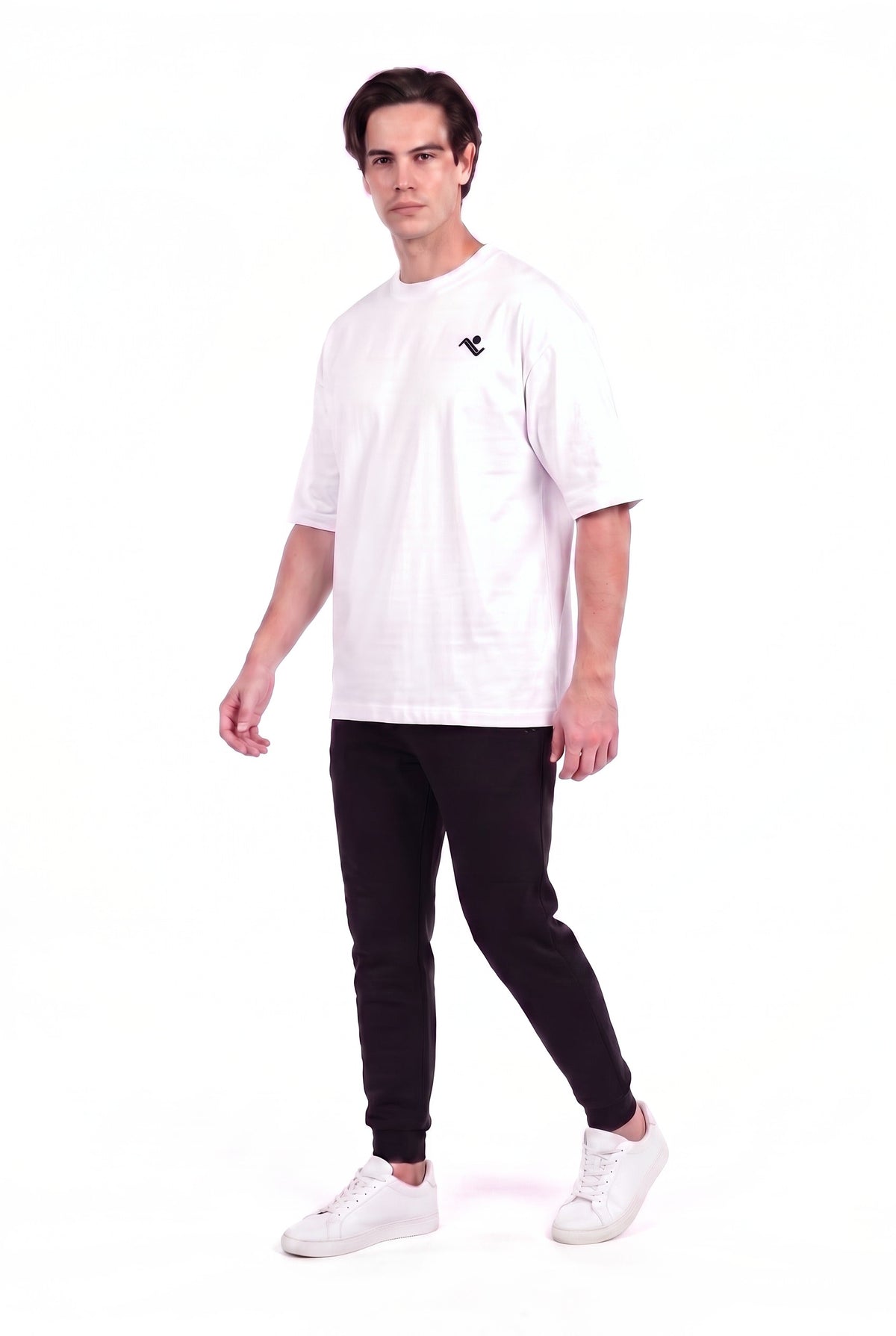 Heavyweight Oversized T-Shirt in White, three-quarter view on male model, Ascendia