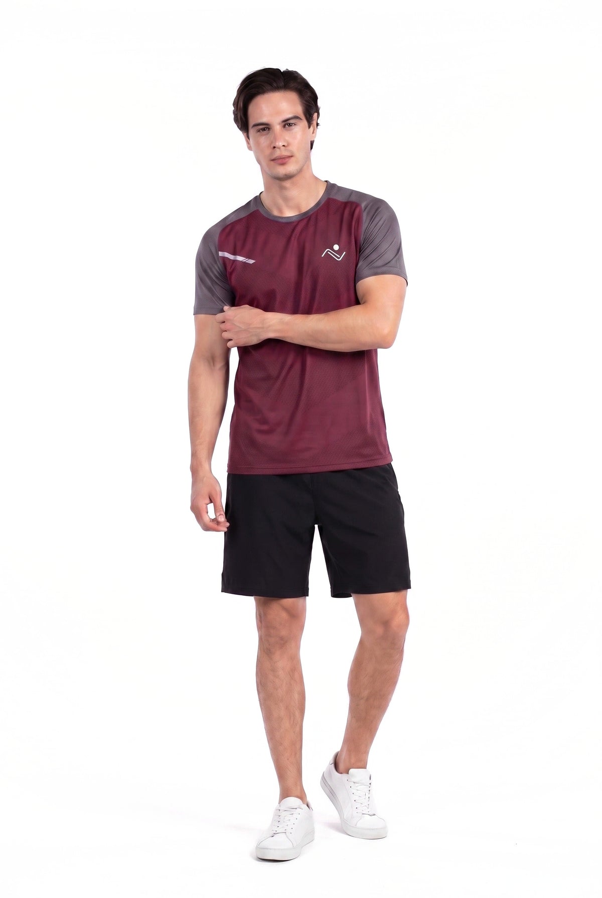 Men's Workout T-Shirt in Wine, front view on model, Ascendia
